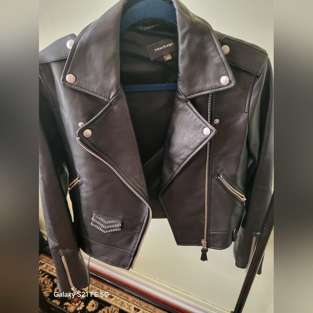 Black Leather Mackage Moto Jacket with Silver Accents Size S
